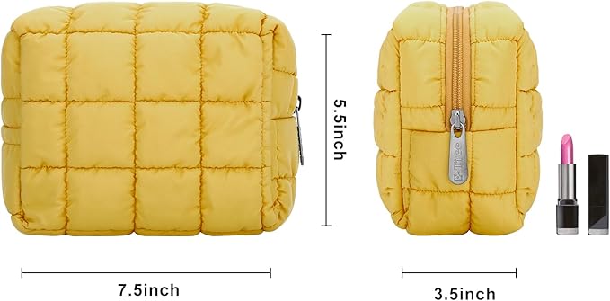 E-Tree Cute Makeup Bag,Quilted Cosmetic Bag,Make up Pouch for Purse,Toiletry Zipper Pouch,Checkered Bag,Travel Case,Storage Pouches for Organization (Yellow)