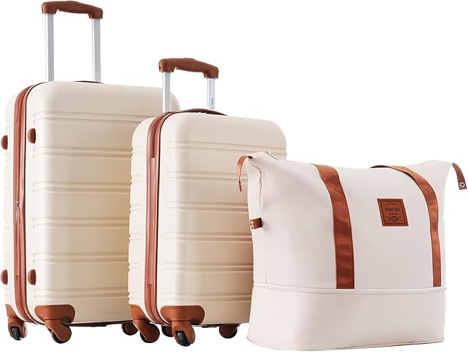 Merax Luggage Sets 2 Piece Expandable Hardside Luggage with Travel Bag Suitcase Set with Spinner Wheels(20+24+bag,Brown+White-1)