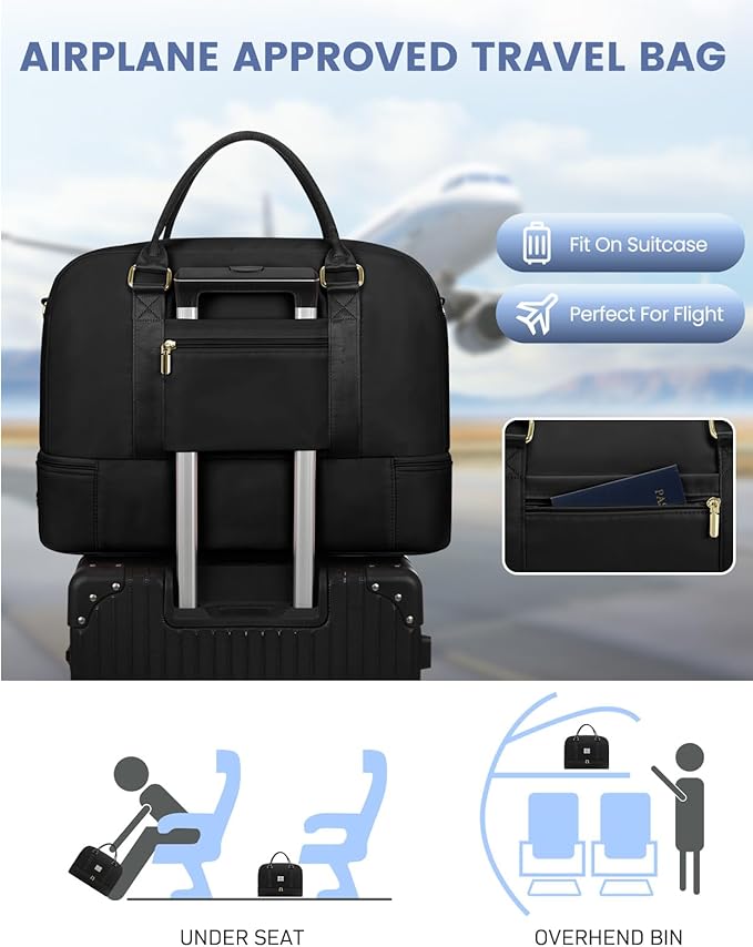 Weekender Travel Duffle Bag for Women: Overnight Bags with Shoe Compartment Carry on Bags for Airplanes with Toiletry Bag Weekend Yoga Gym Bag with Wet Pocket Travel Duffel Tote Bag Hospital Bag Black
