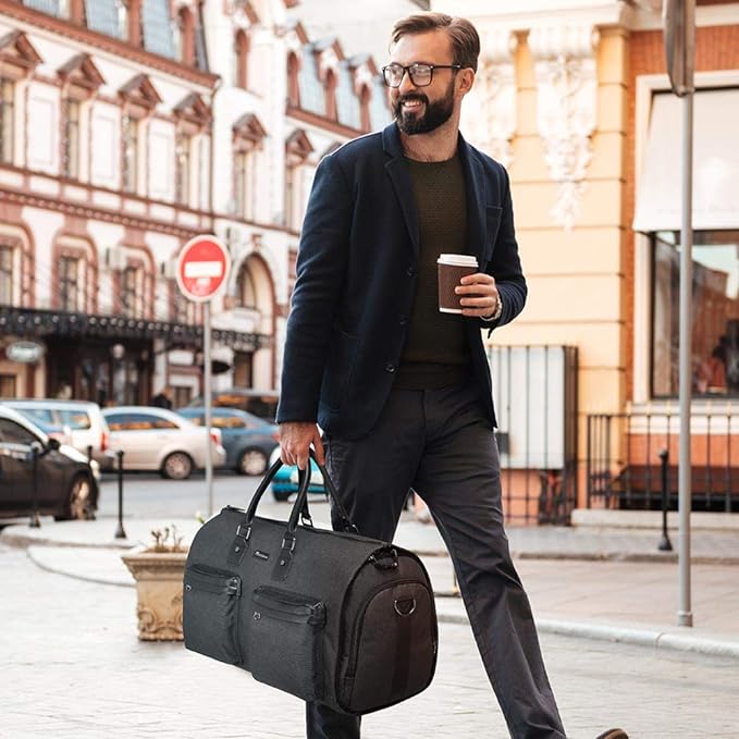 Modoker Convertible Garment Bag with Shoulder Strap, Carry on Garment Duffel Bag for Men Women - 2 in 1 Hanging Suitcase Suit Travel Bags, Jet Black