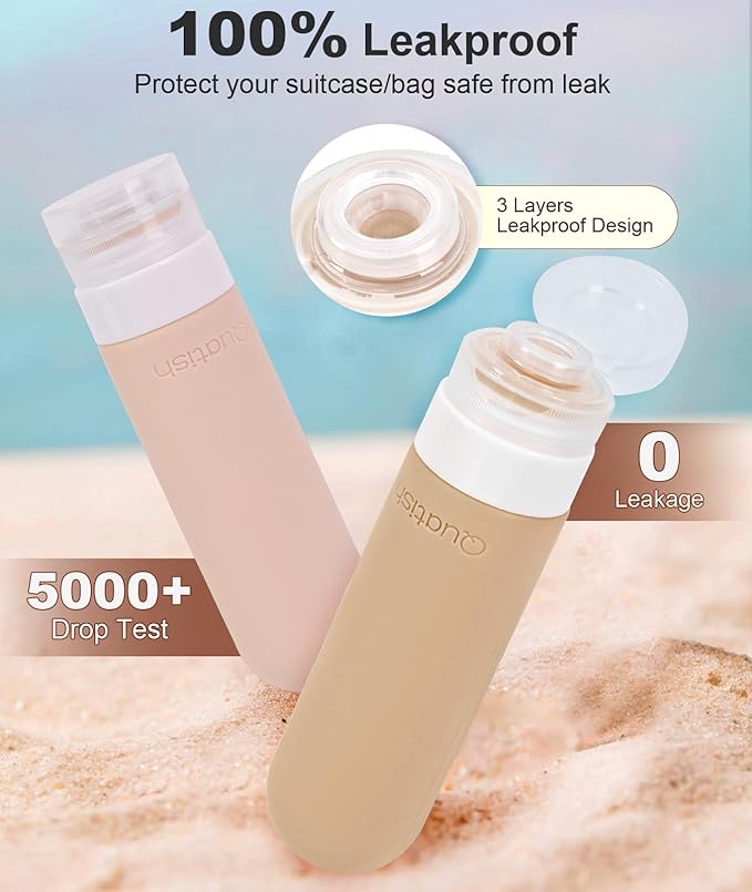 Quatish Travel Bottles for Toiletries, Original Patented Leak Proof Travel Size Containers, 3 oz Tsa Approved Silicone Shampoo and Conditioner Bottles, 4 Pack, Brown
