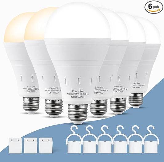 6 Pack Rechargeable Light Bulb,LED Emergency Light Bulb,4Pack WhiteLight Bulbs+2Pack WarmLight Bulbs
