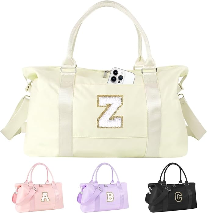 Dance Gym Duffel Bag for Teen Girls, Personalized Initial Travel Weekender Bag,Cute Overnight Carry On Duffle for Women,Sports Travel Cheer Bag,Monogram Christmas Gifts for Tween Preppy(beige-Z)