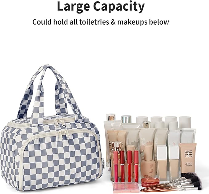 Narwey Checkered Travel Toiletry Bag for Women Large Makeup Bag, Wide-open Cosmetic Make Up Organizer with Handle, Travel Bag for Toiletries, Essentials, Accessories (Greyish Blue Checkerboard)