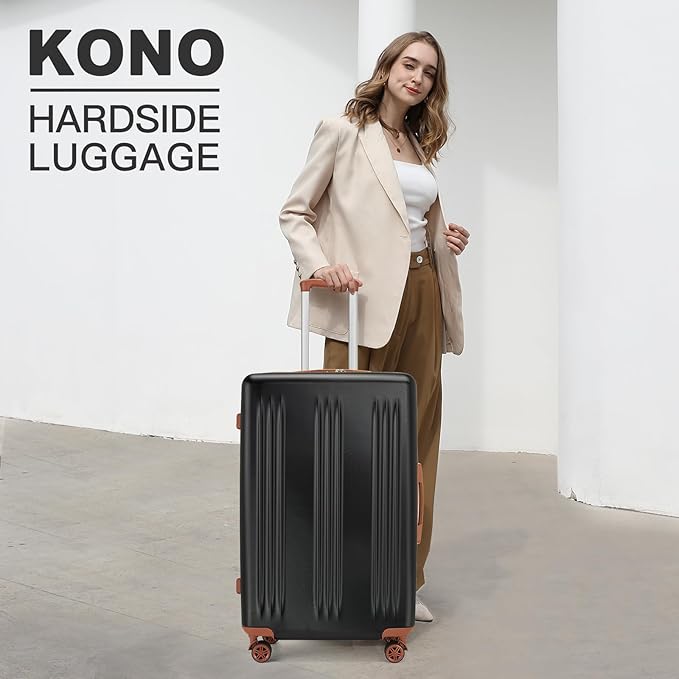 Kono Lightweight 28 Inch Expandable Luggage with Quiet Spinner Wheels TSA Lock, Scratch and Drop Resistant PC+ABS Hardside Durable Large Checked Suitcase, Black & Brown