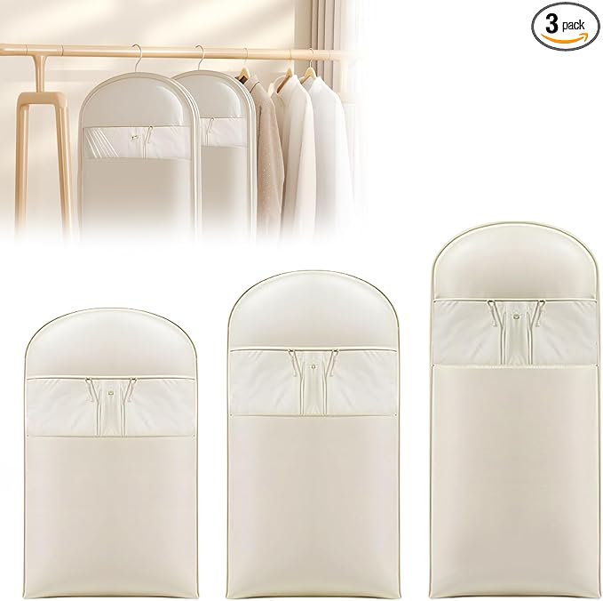 3Pcs Space Saving Hanging Garment Bag with Self Compression Zipper, Storage Bags Space Saver Closet Organizers Dust Cover 3 sizes for Down Coat Clothes Beige