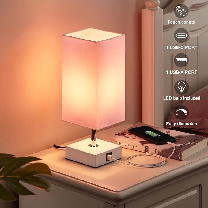 Touch Control Table Lamp with 2 USB Charging Ports, 3 Way Touch Lamps Beside Desk, Nightstand Lamp for Bedrooms Living Room, Pink Shade with White Base, LED Bulb Included(Pink) | 3-Way Dimmable, 3000K LED Bulb Included, Square Pink Shade White Base, Cu...