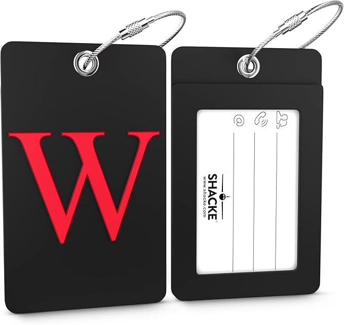 Shacke Luggage Tag Initial - Fully Bendable Tag w/Stainless Steel Loop - Black (Letter W)