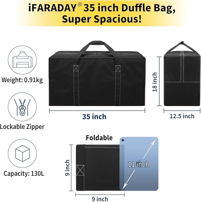 130L Extra Large Travel Duffle Bag - Heavy Duty Water Resistant Luggage for Camping, Sports & Moving - 35 inch Foldable Gear Bag (Black)