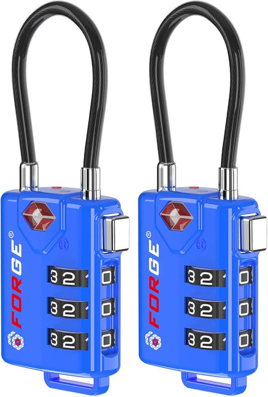 Bright Colors, TSA Approved Cable Luggage Locks 2 Pack Blue, Re-settable Combination with Alloy Body