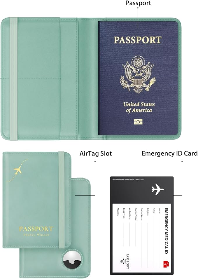 Stouchi AirTag Passport Holder, Cute Passport Holder with Airtag Slot, RFID Passport Wallet Cover for Women, Family Leather Passport Protector Case, Anti-Lost Travel Essentials, Sky Blue