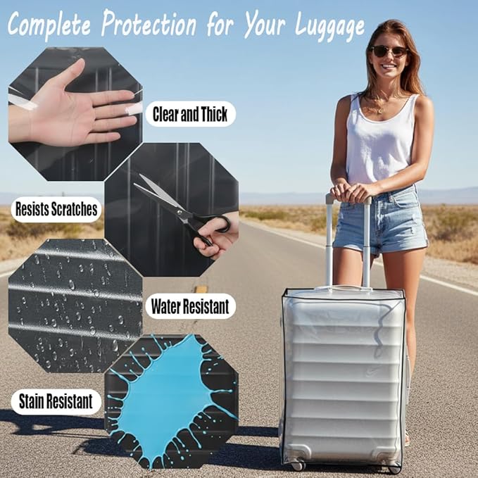 Suitcase Covers for Luggage – TSA Approved Clear PVC Luggage Protector Cover, Thick Transparent Waterproof Sleeve with Large Hook and Loop Closure, Fits 20" Wheeled Suitcases