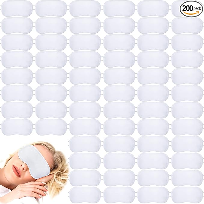 Tarpop 200 Pcs Eye Mask Sleeping Blindfold Eye Cover with Adjustable Strap for Games Party Team Building Travel Individually Wrapped Sleep Mask for Women Men (White)