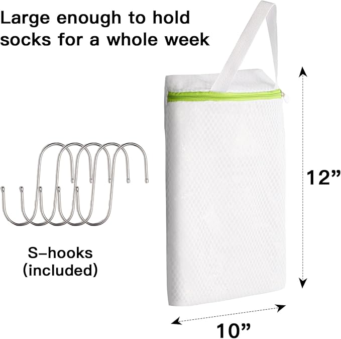 5 PACK Hanging Mesh Laundry Bags with S Metal Hooks,10x12 Inch Hanging Socks Laundry Bags, Washing Machine, for Ball Storage, Travel, Toys, Sports Factories, Dorms