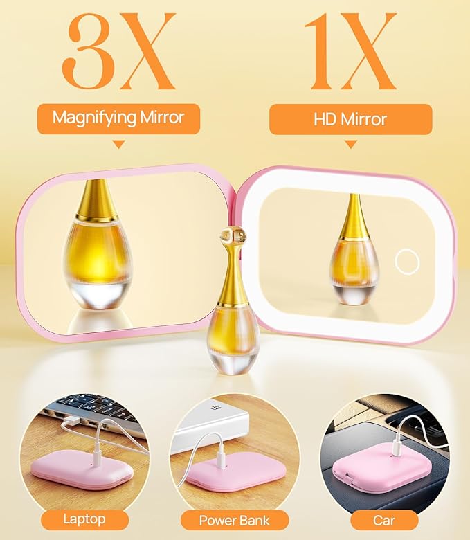 Gospire Lighted Travel Makeup Mirror with Light and Magnification 1X/3X, Stepless Dimming and Three-Color Adjustable Lights, Rechargeable Battery and Compact Size for Purse and Portable Use - Pink