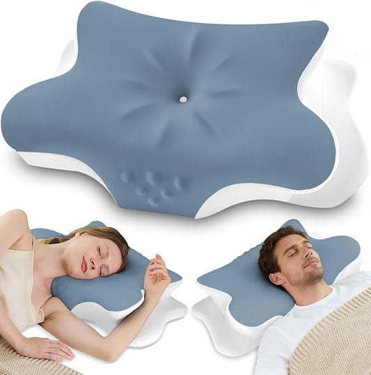 Cervical Neck Pillow for Pain Relief – Ergonomic Memory Foam Pillow for Side Sleeper Contour Orthopedic Bed Pillow for Neck Support with Cooling Cover – Ideal Christmas Birthday Gift - Dark Blue
