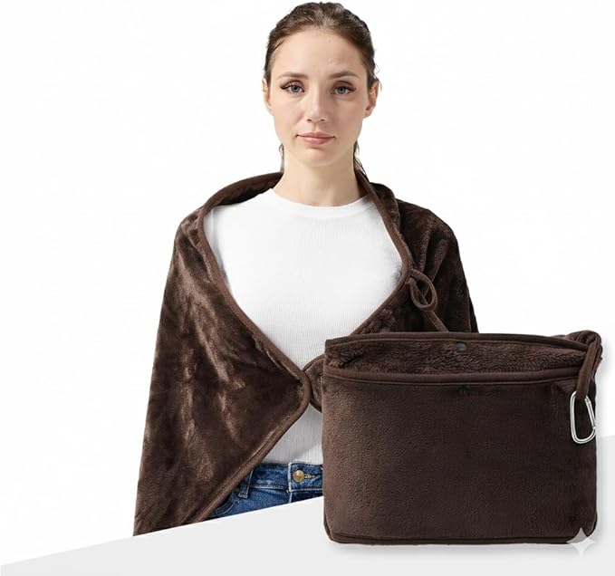 Travel Blanket with Carry Bag, Lightweight Wearable Airplane Blanket, Soft Packable Throw for Travel & Office Coffee Brown
