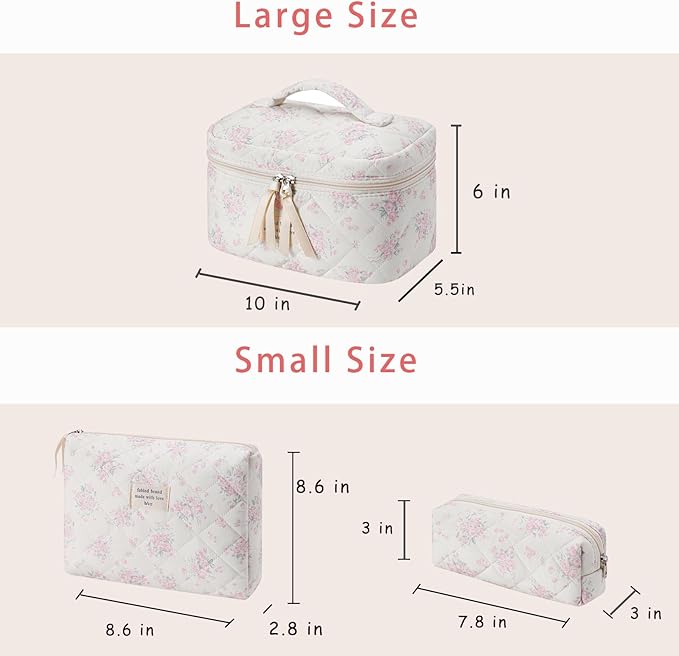 uekeboag Large Travel Quilted Makeup Bag for Women, Floral Cotton Cosmetic Bag, Coquette Aesthetic Floral Toiletry Organizer Bag
