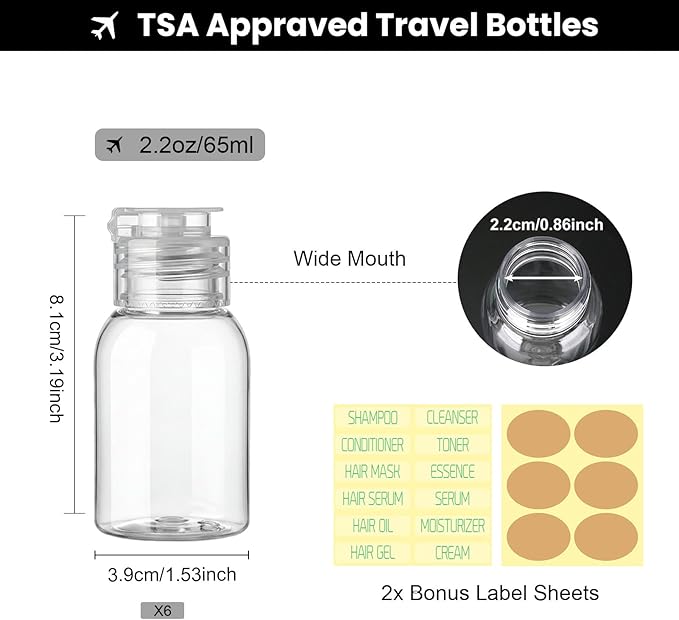 Travel Bottles for Toiletries 6 Pack 2.2oz/65ml Leak Proof Travel Size Toiletries Wide Mouth Containers TSA Approved Squeeze Bottles with Flip Cap for Shampoo Conditioner Body Wash(Clear)