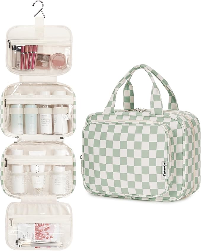 Narwey Hanging Toiletry Bag for Women Travel Checkered Makeup Bag Organizer Toiletries Bag for Travel Size Essentials, Accessories, Brushes, Cosmetics (Green Checkerboard (Medium))