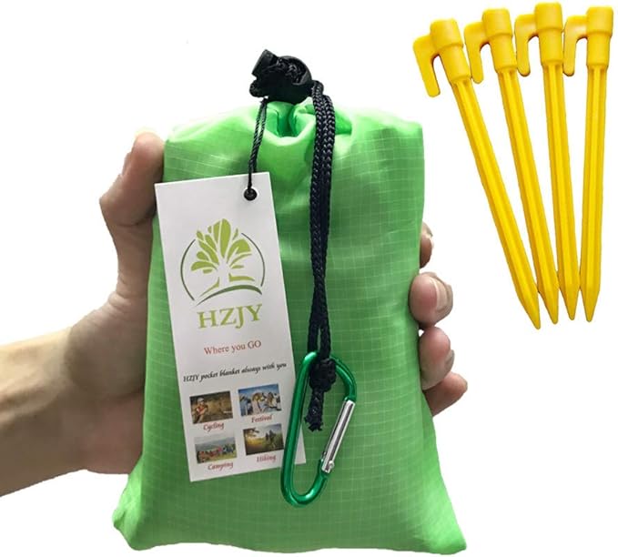 Pocket Blanket 71"x55", Lightweight Compact Sandproof Waterproof Outdoor Blanket for Beach, Hiking, Camping, Travel, Festivals, Picnic with Pockets, Loops, Stakes, Carabiner