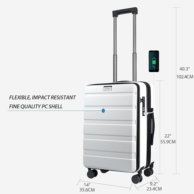 KROSER Carry On Luggage with Spinner Wheels & Built-in TSA Lock, Expandable Top Opening Hard Shell Suitcase Large Capacity Durable Rolling Luggage with USB Port, Carry-On 20-Inch, White
