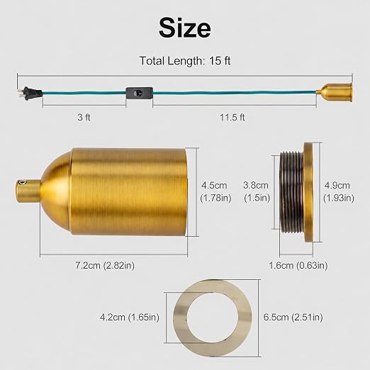 Teal Hanging Lamp Cord 15FT, Plug in Swag Light Kit, 2-Pack | Two independent hanging cords, 18AWG wire, porcelain E26 sockets, gold aluminum shells