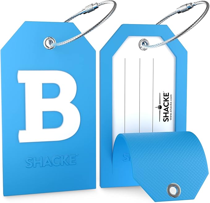 Shacke Initial Luggage Tag with Full Privacy Cover and Stainless Steel Loop - Aqua Teal (Letter B)