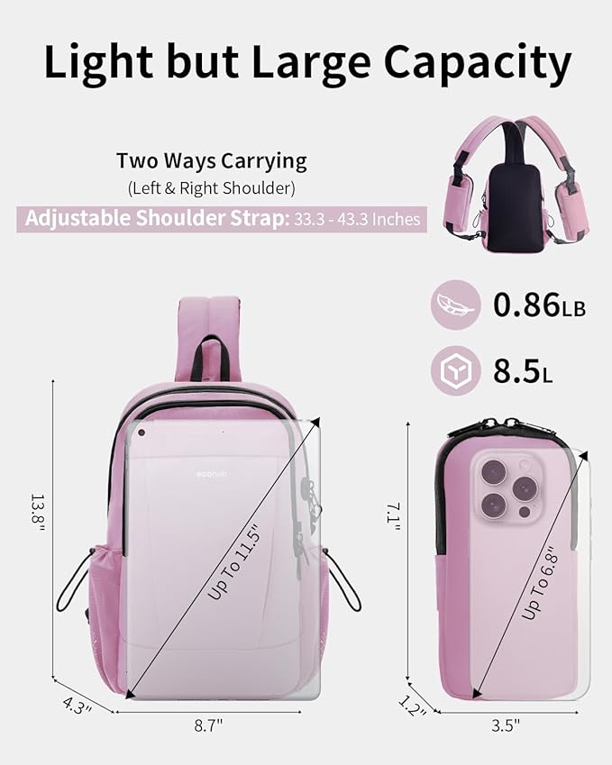 ECOHUB Anti-Theft Crossbody Bag Men Women, RFID Blocking Lightweight Sling Backpack Eco-Friendly with 9 Pockets Sturdy SBS Zippers Water Resistant for Travel Work Hiking Outdoor, Pink