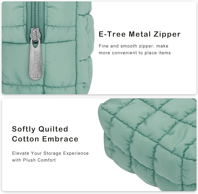 E-Tree Cute Makeup Bag,Quilted Cosmetic Bag,Make up Pouch for Purse,Toiletry Zipper Pouch,Checkered Bag,Travel Case,Storage Pouches for Organization (Green)