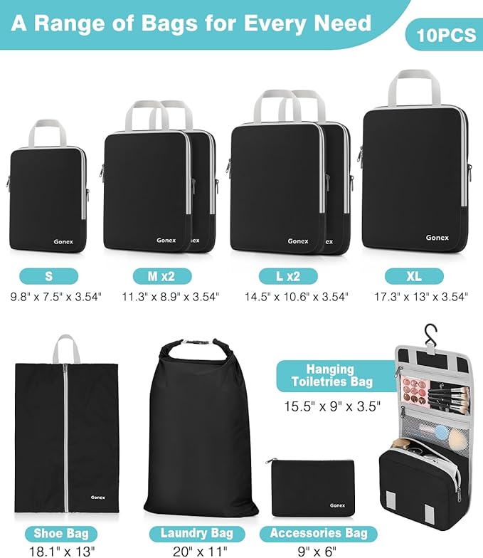 Gonex 10 Set Compression Packing Cubes, Expandable Storage Travel Bags for Suitcase, Luggage Organizers with Hanging Toiletry Bag Laundry Bag Shoe Bag Accessories Bag (Black)
