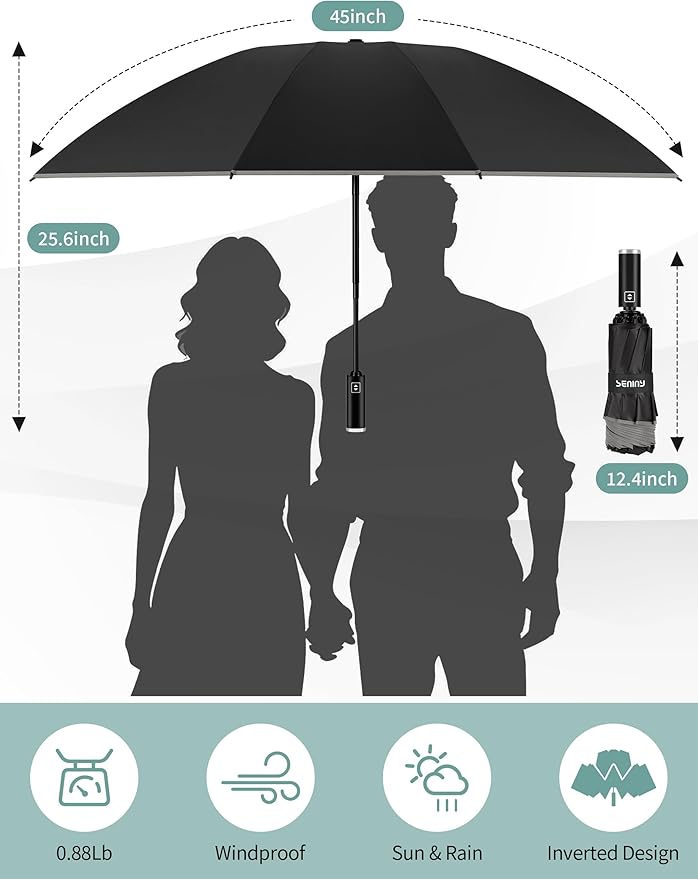 Seniny Inverted Travel Umbrella Compact - Windproof Umbrellas for Rain with Reflective Strip, Large UV Umbrella for Sun Protection, Automatic Portable Umbrellas Fold in Reverse for Car, Backpack
