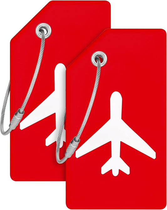 Mifflin-USA Silicone Luggage Tags (Red, 2 Pack) with Plane Embedded Design & Name ID Card; Bright Colors to Quickly Find Your Bag