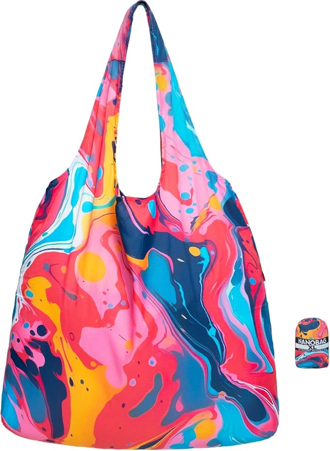 Nanobag Ultralight Heavy Duty Foldable Tote for Women & Men, Reusable Grocery & Travel Bag, Packable Collapsible Compact Market Essential (XL Splash)