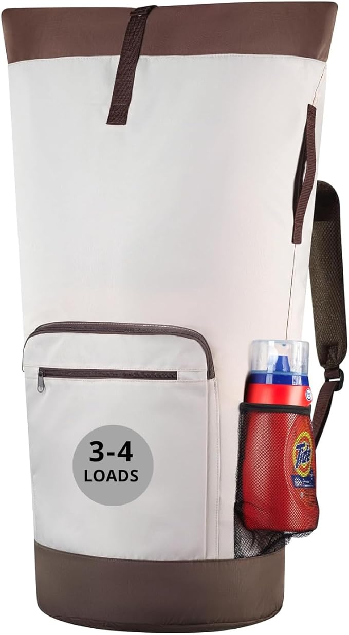 Handy Laundry Extra Large Laundry Bag Backpack – Heavy Duty, Water-Resistant, Adjustable Straps, Drawstring Closure, 3-4 Load Capacity, Pockets for College Dorm, Travel, Apartment Essentials, Beige