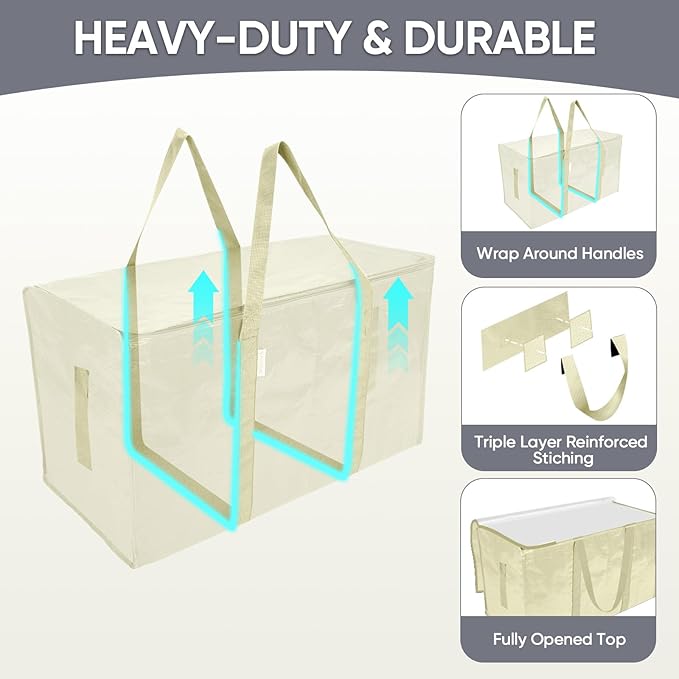 TICONN 2 Pack Extra Large Moving Bags Heavy Duty with Zippers & Carrying Handles, Durable Storage Bags Moving Boxes for Closet Organizers and Storage (2 Pack, Cream)