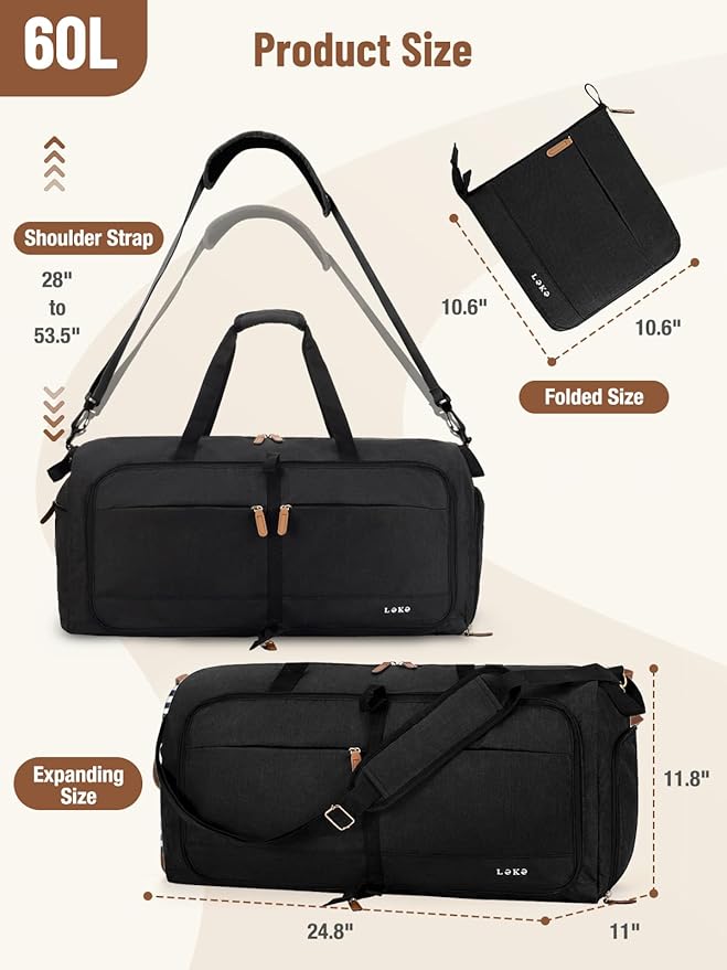 Lekesky Foldable Travel Duffle Bag for Women, 60L Large Duffel Bag with Separate Shoes Compartments & Straps, Carry On Weekend Bag for Women, Hospital, Overnight (Black)