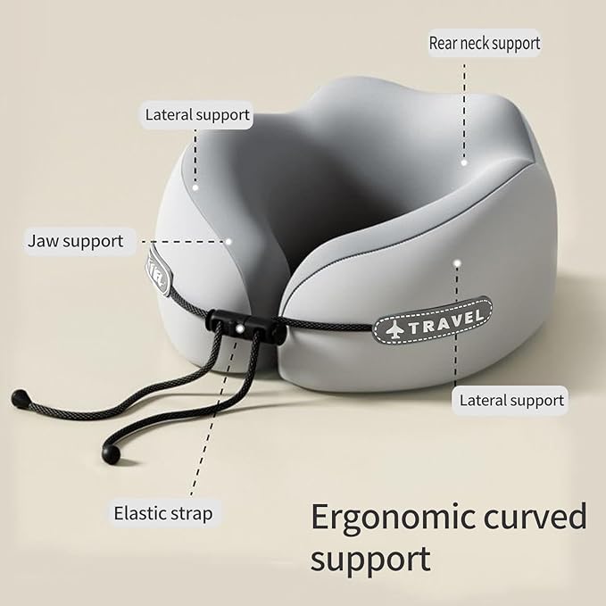 Travel Neck Pillow with Storage Case, 100% Pure Memory Foam, Airplane Head Support for Flight Sleeping, Portable, Gray (Gray Matching)