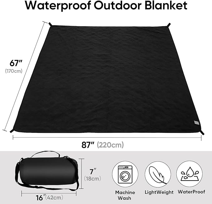 Northroad Waterproof Outdoor Blanket w/Fleece Lining, Large Windproof Camping Blankets for Cold Weather, Light Weight and Warm for Stadium, Hiking, Dog, Picnic, Washable, 67”X 87” (Black, 1PCS)