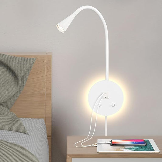 White Headboard Reading Light, 2 Pack Led Wall Mounted Book light, Bedroom Reading Lamp, USB Output, Night Light & Switch, Wall Sconce for Bedtime Reading, Gooseneck Headboard Bed Lights Wall Sconce