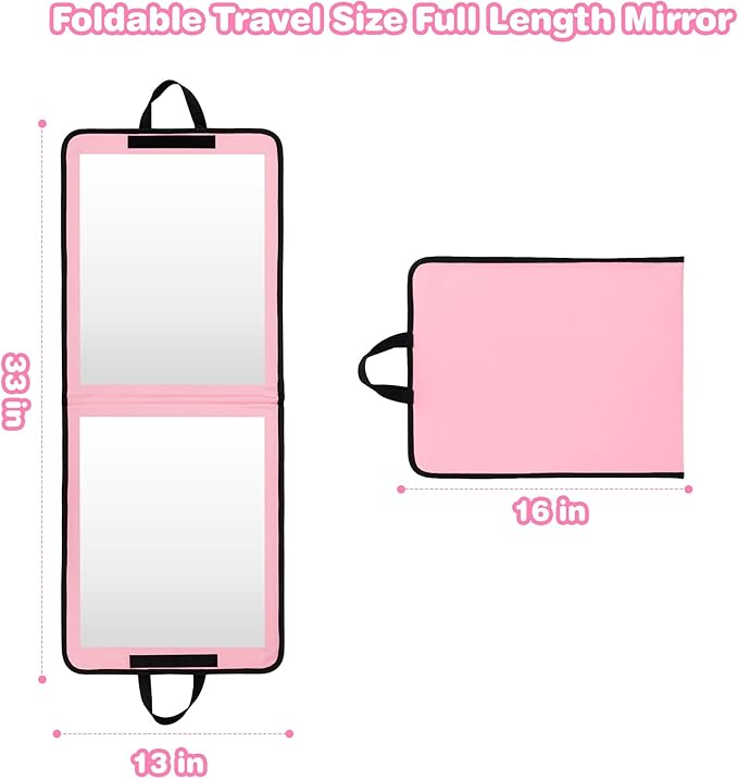 LPHUMEX Portable Pink Mirror Full Length for Dance, 33x13 Inch Hanging Mirror for Dance Bag, Lightweight Folding Travel Mirror Dance Competition Must Haves
