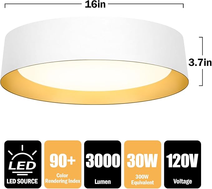 Flush Mount Ceiling Light, 16in Modern Ceiling Light 5 Color Temperature | 30W Bathroom Ceiling Light Fixture, 3000LM Dimmable LED Flush Mount Light for Bedroom, Hallway, Kitchen, White & Gold
