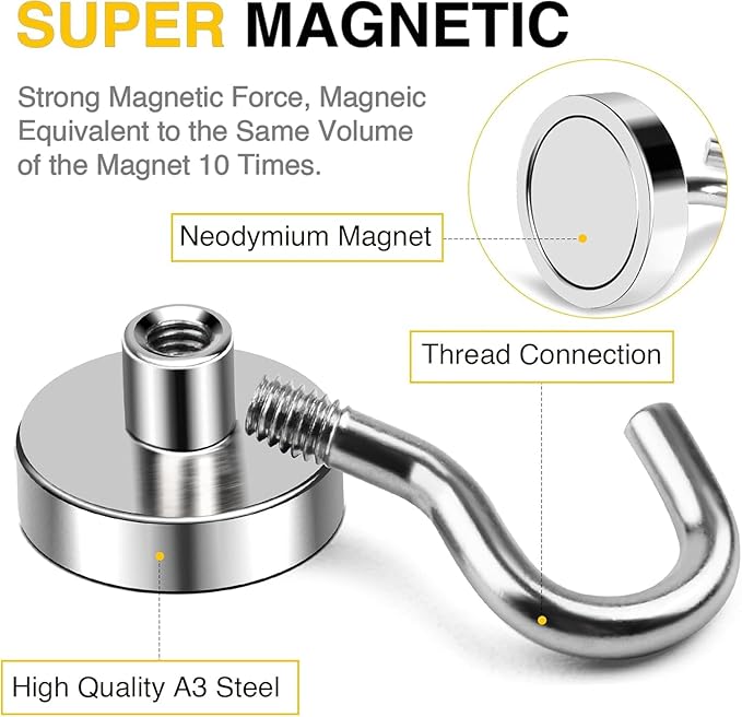 DIYMAG Magnetic Hooks,Silver 50 LB Heavy Duty Magnet with Hook,12 Packs Silver Strong Rare Earth Neodymium Magnets for Hanging, Magnetics Hanger for Curtain, Home, Kitchen, Workplace