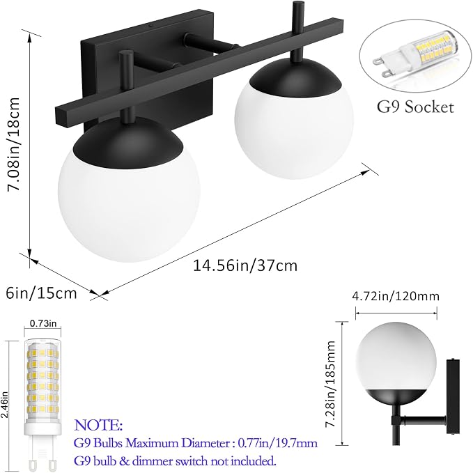 Ralbay Matte Black Bathroom Light Fitures 2-Light Mid Century Modern Bathroom Light Fixture Matte Black Milky Glass Ball Wall Light Black 2 Light
