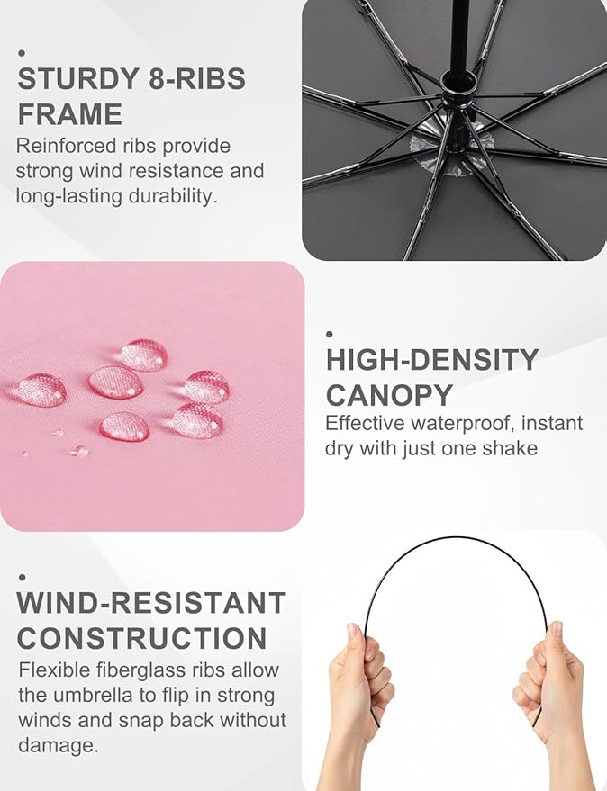 SoulRain Travel Umbrella - Compact Umbrella for Rain - Perfect Large Auto Folding Umbrella - Ideal Car umbrella, Small umbrella, and Travel Companion