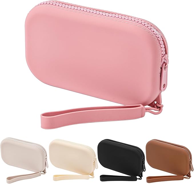 Small Silicone Multifunctional Essential Bag Portable Travel Makeup Bag for Women Men Cards Cash Bag Zipper Pouch (Pink)