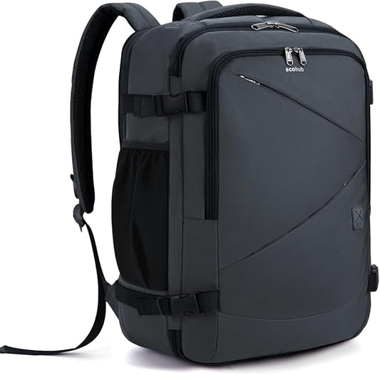 ECOHUB Carry On Travel Backpack, Expandable Airlines Personal Item Bag 18x14x8, Water Resistant 17 inch Laptop Backpack Flight Approved, 12 Pockets 30L Work Backpacks with Wet Pocket Cable Slot, Grey
