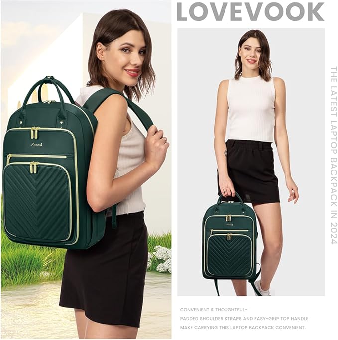 LOVEVOOK Laptop Backpack for Women, Water Resistant Travel Work Backpacks Purse Stylish Business Teacher Nurse Computer Bag with USB Charging Port,Dark Green