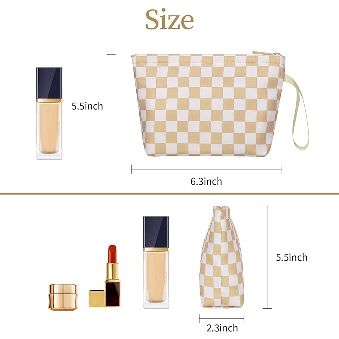Ethereal Small Makeup Bag, Checked Travel Makeup Bag with Makeup Brush Holder, Cosmetic Bag Black Make up Pouch for Women/Girls