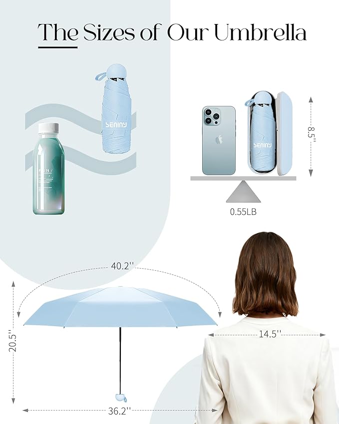 Seniny Mini Portable Travel Umbrella with Case - Compact Umbrellas for Rain & Sun UV Protection for Backpack Pocket, Lightweight Folding Small Umbrella, Tiny Purse Size UV Blocker for Kids Women Girls